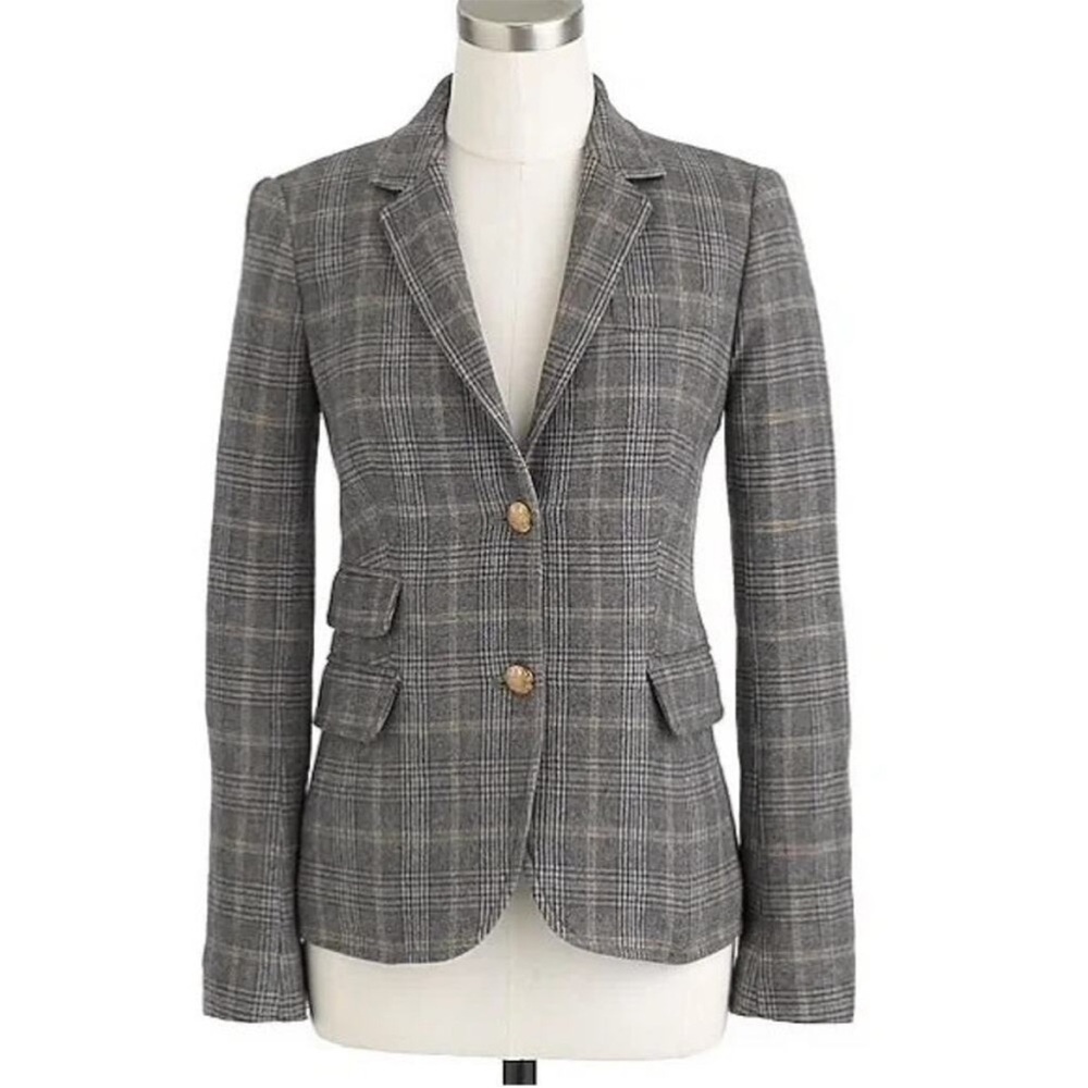 J. Crew Schoolboy Women's Plaid Blazer Gray Tan Gold Buttons Preppy Wool 2 Coat